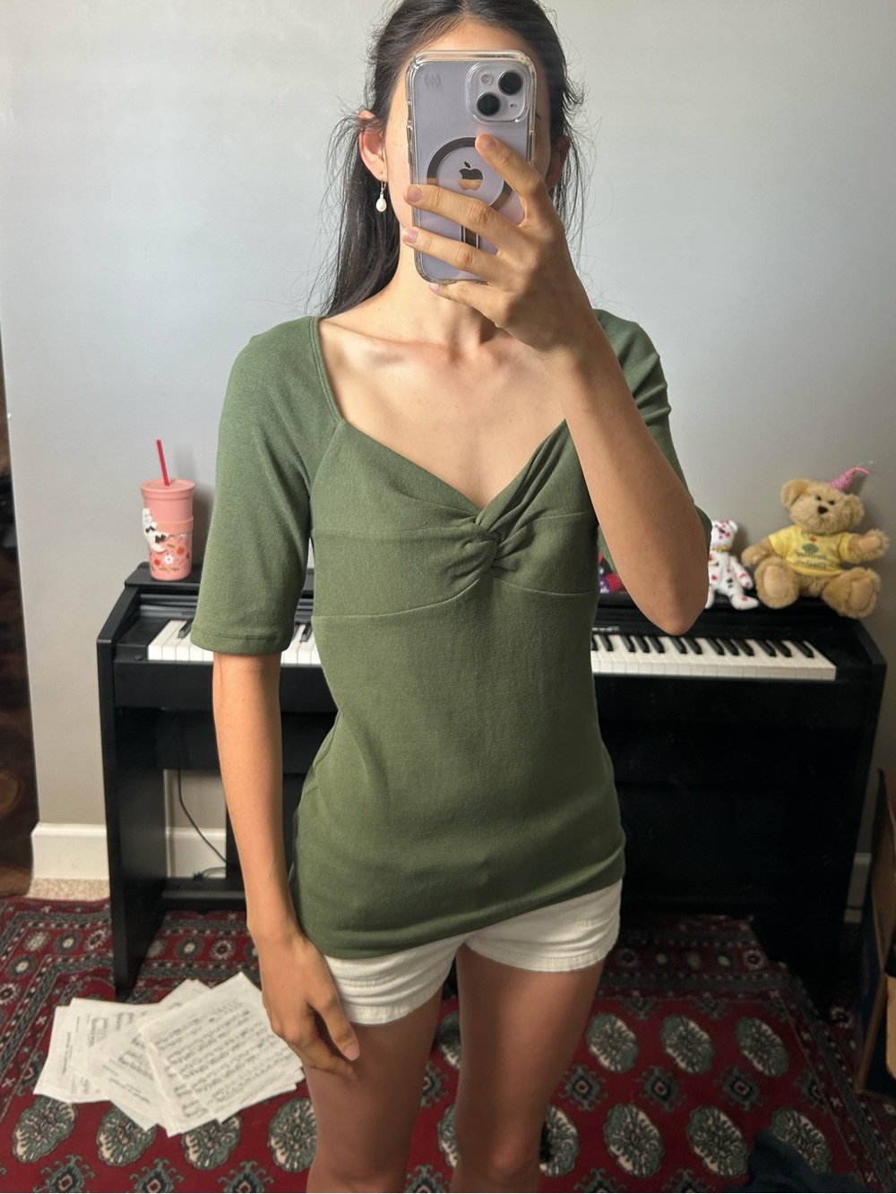 GAP modern twist front sweetheart t shirt olive green